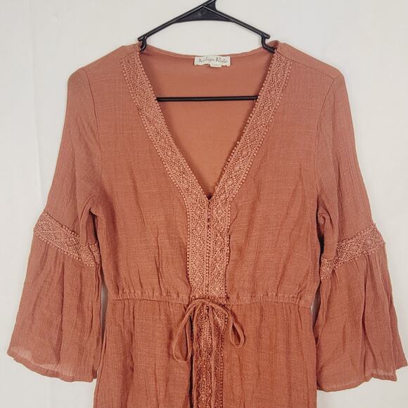 Indigo Rose brown embroidered lace bell sleeve gauzy dress Size Sm Peasant Boho - Picture 4 of 8